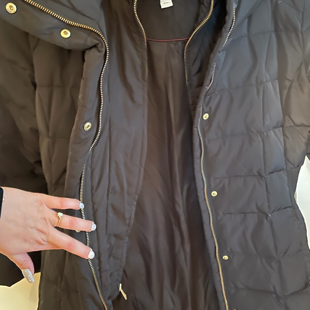 Knee length Cole Haan winter puffer jacket large hood. Like new